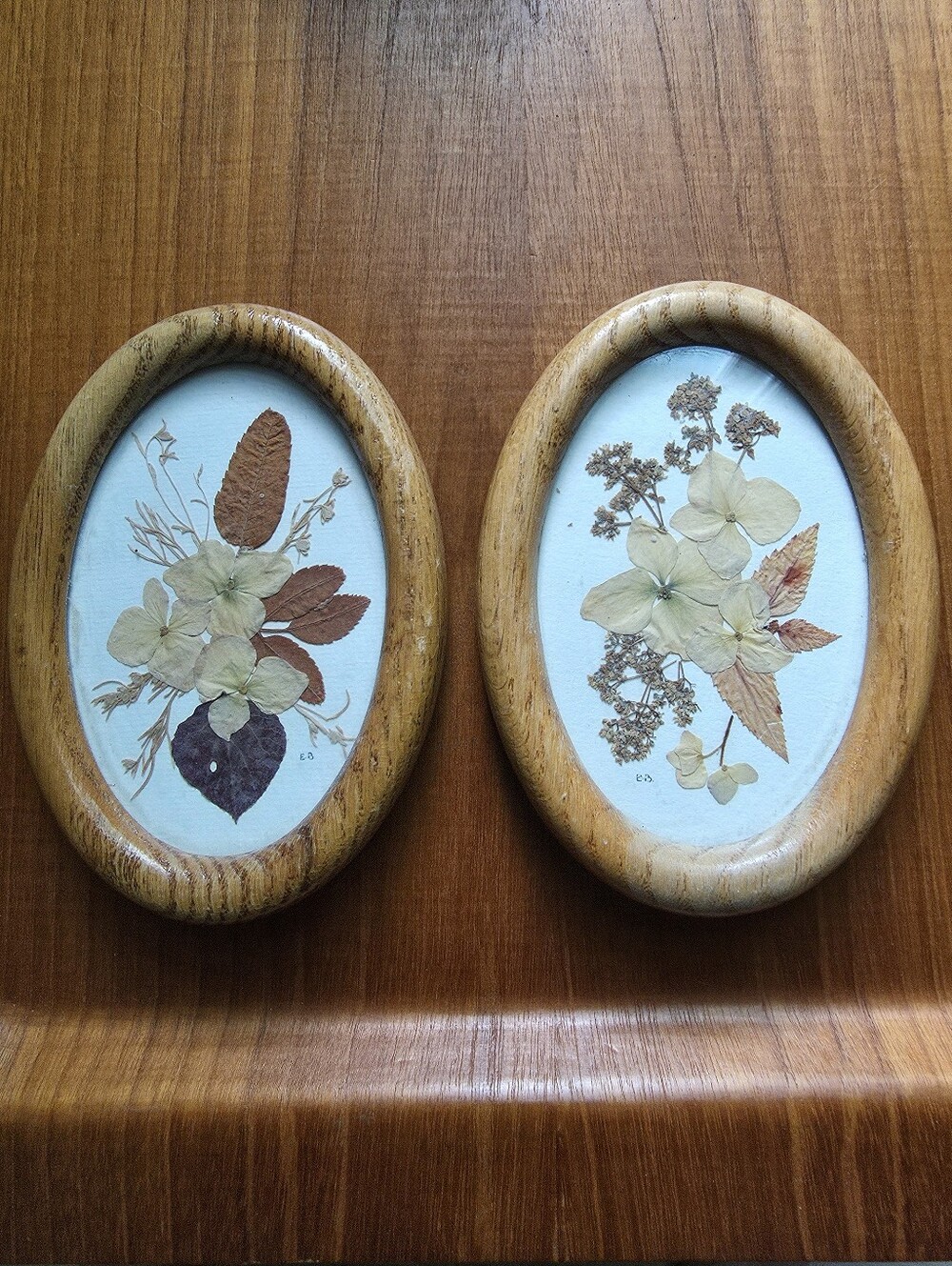 Vintage Handmade Oak Frames With Pressed Flowers